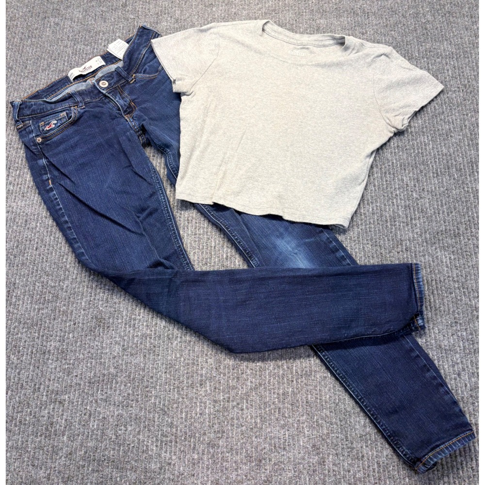 Hollister Dark Wash Skinny Jeans 00R W23 L31 and Grey Baby Tee Set S